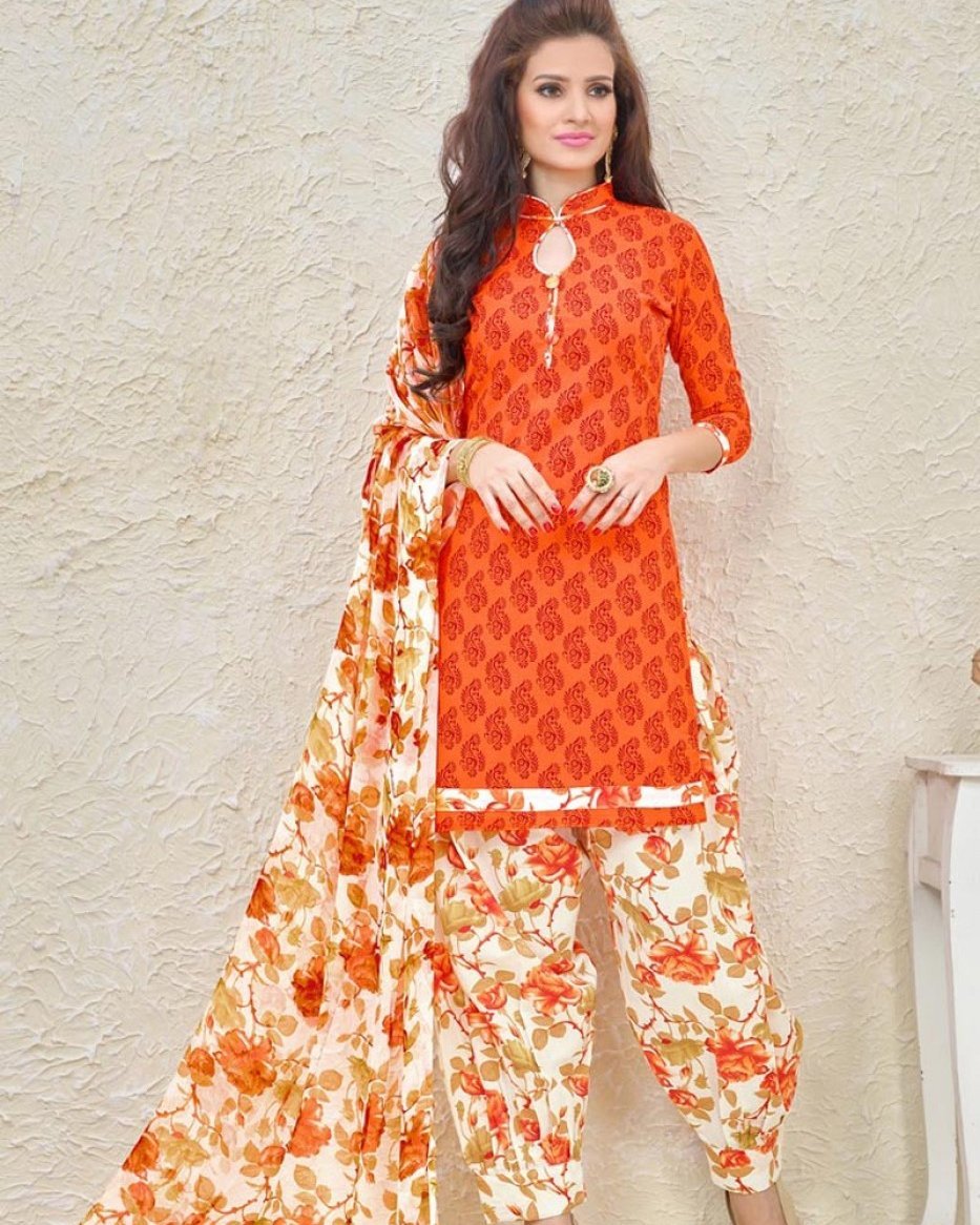 Anarkali kurta set with printed dupatta in Orange